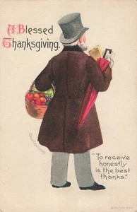Clapsaddle Thanksgiving Postcard Man Umbrella  Artist Signed  c 1919 S7 - Picture 1 of 2