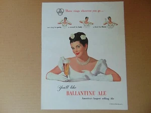 1948 BALLANTINE ALE DREI RINGE hübsche Frau Vintage Kunstdruck Anzeige - Bild 1 von 1