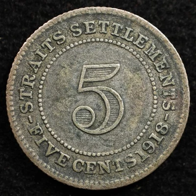 Straits Settlements 5 Cents 1918, Coin, Silver, Inv#F731 - Image 1 of 2