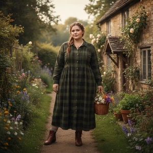 VTG Corduroy Prairie Dress Long Sleeve Maxi 20 Women Cottagecore Modest Green - Picture 1 of 6