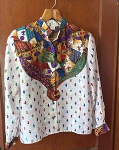 Laura & Jayne Petite Size 4 Fleur De Lis Mardi Gras Vintage Appearing Blouse - Picture 1 of 20