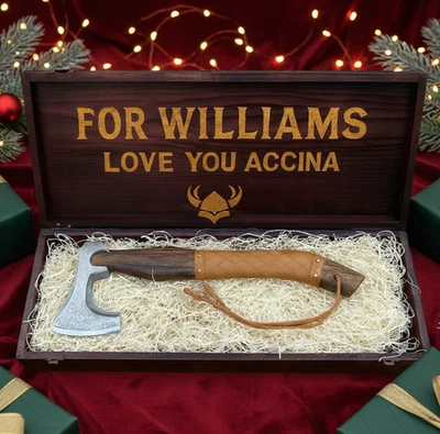 Custom Handmade Viking Axe & Wooden Box  - Personalized Gift Hand Forged Hatchet - Image 1 of 4