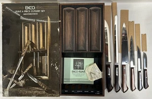 UNUSED 6pc Vtg Modern EKCO Flint Mediterranean Kitchen Knives Wood Handles (A15) - Picture 1 of 17