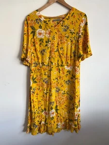 Katies Dress Womens Size 12 Yellow Floral Short Sleeve V-Neck Frill Hem Summer - Picture 1 of 15