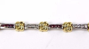 Natural Round Ruby & Diamond Link Flower Tennis Bracelet 18K White Gold 3.46Ct - Picture 1 of 5