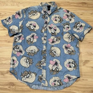 CAMICIA CASUAL VINTAGE LOONEY TUNES TAZ TASMANIAN DEVIL ALL OVER STAMPA BOTTONE SUL DAVANTI L - Foto 1 di 6