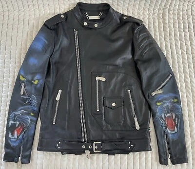 Подлинный PHILIPP PLEIN черной кожи мотоциклиста куртка ручной росписи Panther XL - Изображение 1 из 4