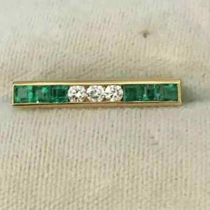 8 Ct Princess Cut Simulated Emerald Bar Brooch Pin 14K Yellow Gold Plated Silver - Picture 1 of 7