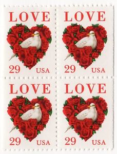 Scott #2814 Love (Dove, Roses, Heart) BOOKLET Block of 4 Stamps - MNH