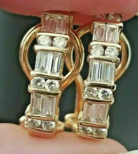 14k Yellow Gold Plated 2 Ct Round&Baguette Moissanite Diamond Huggie Earrings - Picture 1 of 5