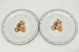 Patriotic America Teddy Bear Salad Plates Land That I Love By Retroneu Hearts 2 - Picture 1 of 3