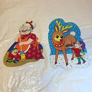 2 Vtg Mrs Claus & Rudolph Reindeer w Elf Santa's Helper Die-Cut Xmas Decorations - Picture 1 of 10