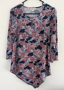 Blusa Blue Moon Mujer Azul Rojo Cachemira Dobladillo Asimétrico Manga 3/4 Talla Pequeña - Imagen 1 de 7