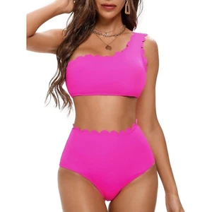 Womens 2 Piece One Shoulder Swimsuit Size Small Hot Pink High Waist - Picture 1 of 16