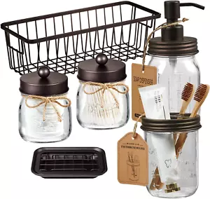 Premium Mason Jar Bathroom Accessories Set (6PCS) Lotion Soap Dispenser - Picture 1 of 7