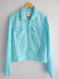 Tommy Bahama Linen Jacket Womens Small 8 10 Sea Blue Trucker Pockets Frayed SPOT - Picture 1 of 21