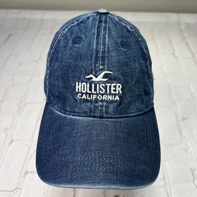 Boné jeans ajustável Hollister logotipo bordado em excelente estado usado unissex - Imagem 1 de 4