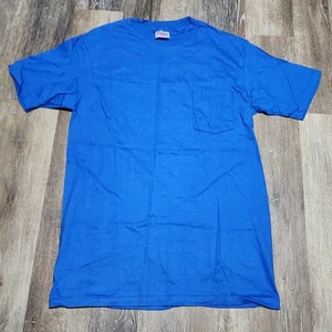 Vintage 90er Hanes Tasche T-Shirt blau Einzelnaht Größe Large Baumwolle unbedruckt hergestellt in den USA - Bild 1 von 7