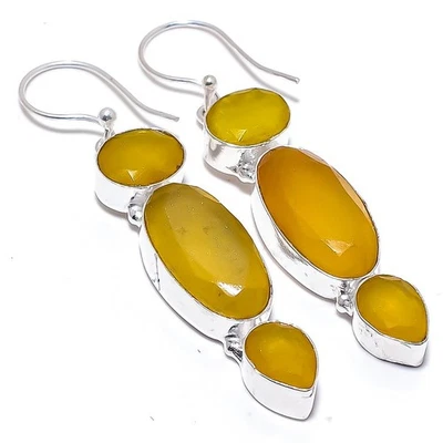 Giallo Onice Gemma Fatto a Mano 925 Argento Sterling Gioielli Orecchino 6.3cm - Immagine 1 di 4