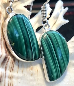 Natural Malachite Gemstone Drop Dangle Earrings Pear .925 Sterling Silver 1 5/8" - Picture 1 of 7