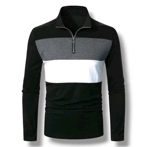 Men's T-shirt Polos Casual Slim Fit Round Neck Long Sleeve With Front Zipper - Picture 1 of 4