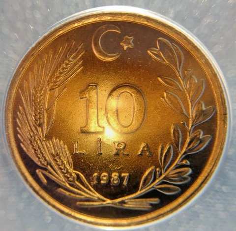 1987 Turkey 10 Lira Graded ANACS MS63 Cover