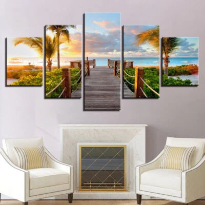 Sea Beach Palm Tree Nature Ocean Sunset Canvas Prints Painting Wall Art Decor 5P - Image 1 of 4