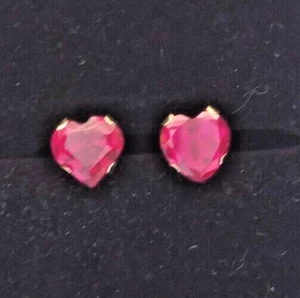 Pair Delicate 14k Gold Pierced Earrings, Genuine Ruby Hearts, Gold Filled Backs - Picture 1 of 9