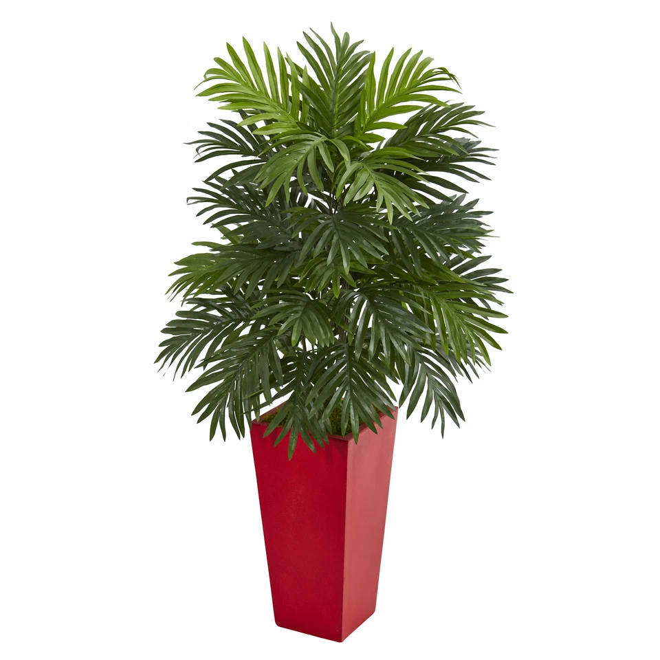 Areca Palm faux Plant In Red Planter Realistic Natural Decor - Image 1 of 1