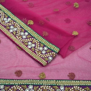 Vintage Heavy Purple Dupatta Net Mesh Long Stole Hand Embroidered Scarves Veil - Picture 1 of 19