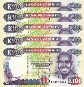 ZAMBIA 100 KWACHA 1991, UNC, 5 PCS CONSECUTIVE LOT, P-34 - Picture 1 of 4
