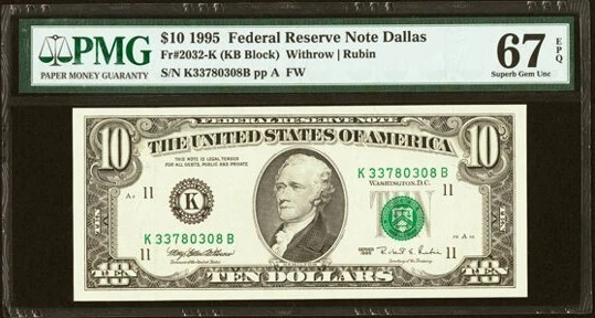Fr. 2032-K; L* $10 1995 Federal Reserve Notes. PMG Superb Gem Unc 67 EPQ. - Image 1 of 2