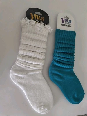 YOLO Mujer CALCETINES HOLGADOS 2 Pk Mezcla de Algodón Blanco Cálido con Encaje Turquesa Nuevos con Etiquetas Foto 1 de 4
