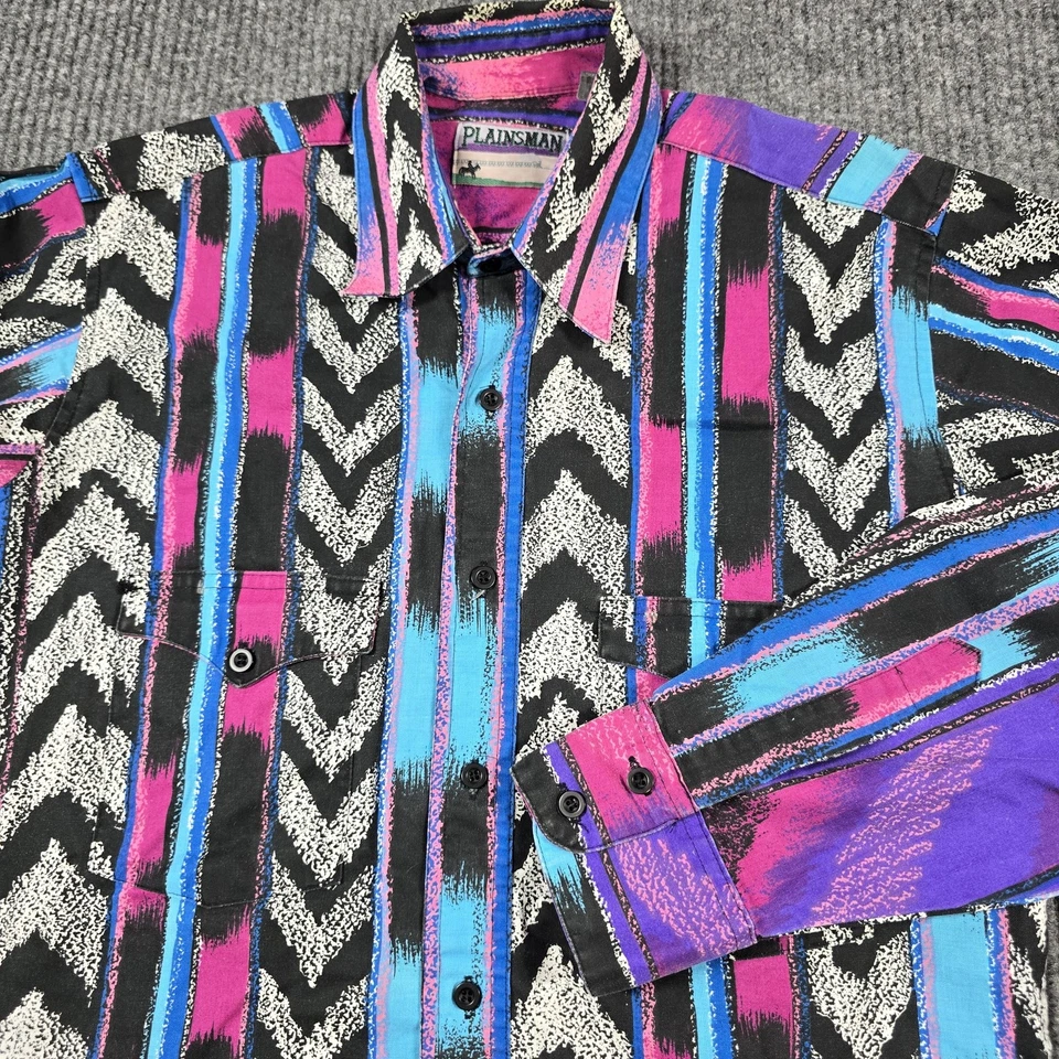 VINTAGE Plainsman Shirt Mens Small Black Pink Blue Western Aztec Geometric 90s - Image 1 of 4