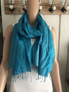 Woman’s Vintage Scarf Measuring 19/74 Turquoise Silk - Picture 1 of 13