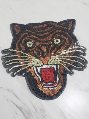 SEW ON Tiger DIY Patch Sequins 9"x9" shiny sparkly glam biker crafts - Image 1 of 4