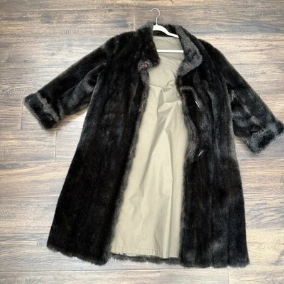 Vintage Faux Fur Dubrowsky & Perlbinder Women’s Size 12 Long Trench Coat Black - Image 1 of 4