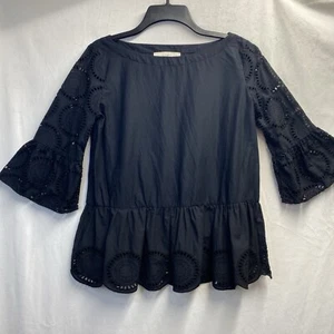 Blusa LOFT Cuello Barco 3/4 Ojales Bordados Manga Mujer XS Negro Volantes Dobladillo - Imagen 1 de 14