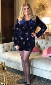 Chaqueta Blazer NUNCA COMPLETAMENTE VESTIDA Azul Medianoche Terciopelo Plata Brillo Talla UK 14 - Imagen 1 de 10