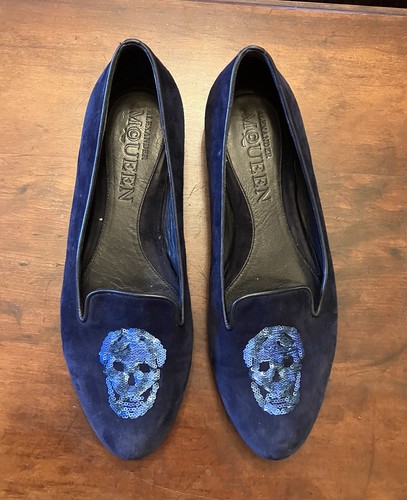 Autentici diapositive teschio scamosciato blu Alexander McQueen