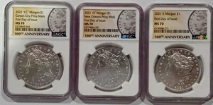 2021-CC, O & S MORGAN SILVER DOLLAR NGC MS70 FIRST DAY OF ISSUE FDOI- 3 COINS - Picture 1 of 2