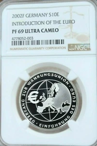 2002 GERMANY SILVER 10 EURO INTRODUCTION TO THE EURO NGC PF 69 ULTRA CAMEO TOP - Picture 1 of 4