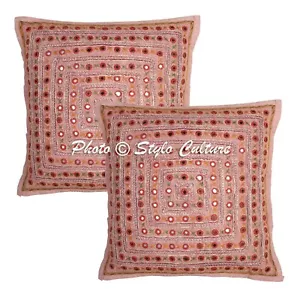 Indian Handmade Geometrical Cushion Cover Cotton Peach Ethnic Pillow Cushion - Picture 1 of 6