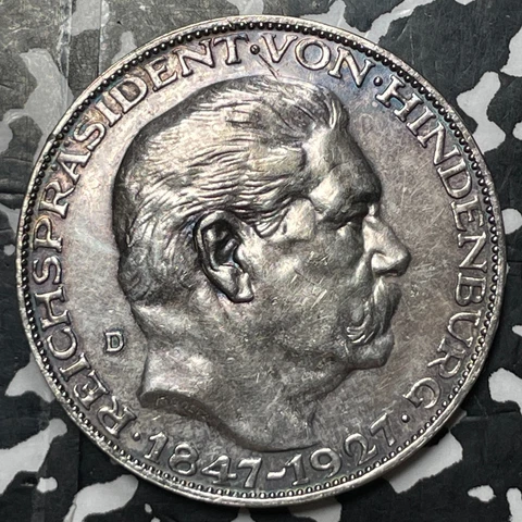1927-D Germany Von Hindenburg 5 Mark By Karl Goetz Lot#JM5495 Silver! KM#X1 Cover
