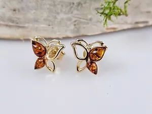 Pendientes Mariposa Oro, Pequeños Pendientes Ámbar Báltico en Cristal - Imagen 1 de 6