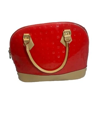 Arcadia Italian Bugatti Red Patent Leather Tan Trim HandBag Purse Satchel Bag - Image 1 of 4