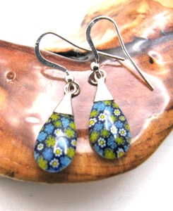 Vintage Sterling Silver Millefiore Glass Flower Drop/Dangle Pierced Earrings 2g - Picture 1 of 5