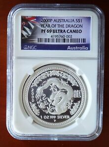 2000P Dragon NGC PF69UC Proof $1 1oz Dollar Australia Silver Ag Lunar Coin Rare
