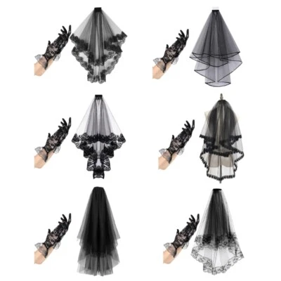 Mysterious Black Lace Veil and Gloves Combo for Halloween Cosplay and Parties - Imagem 1 de 4