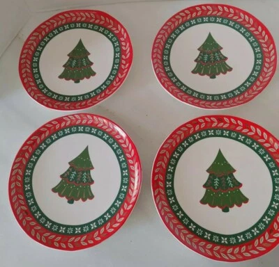 Platos de Navidad para el hogar de ciprés diseño de árbol gres 7,5" rojo blanco verde Foto 1 de 4